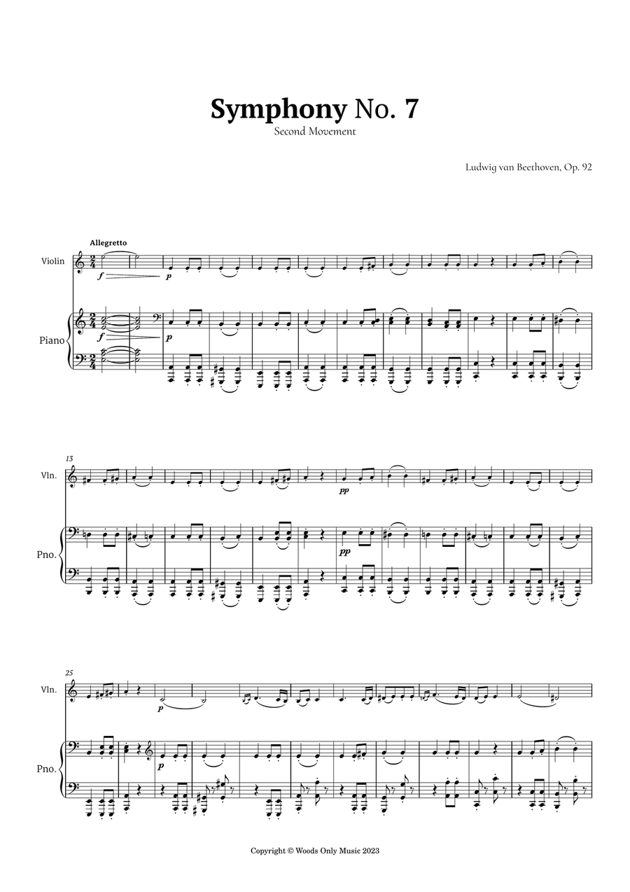 2nd Movement of Symphony No. 7 by Beethoven for Violin and Piano Violin Solo scores gallery preview page 1