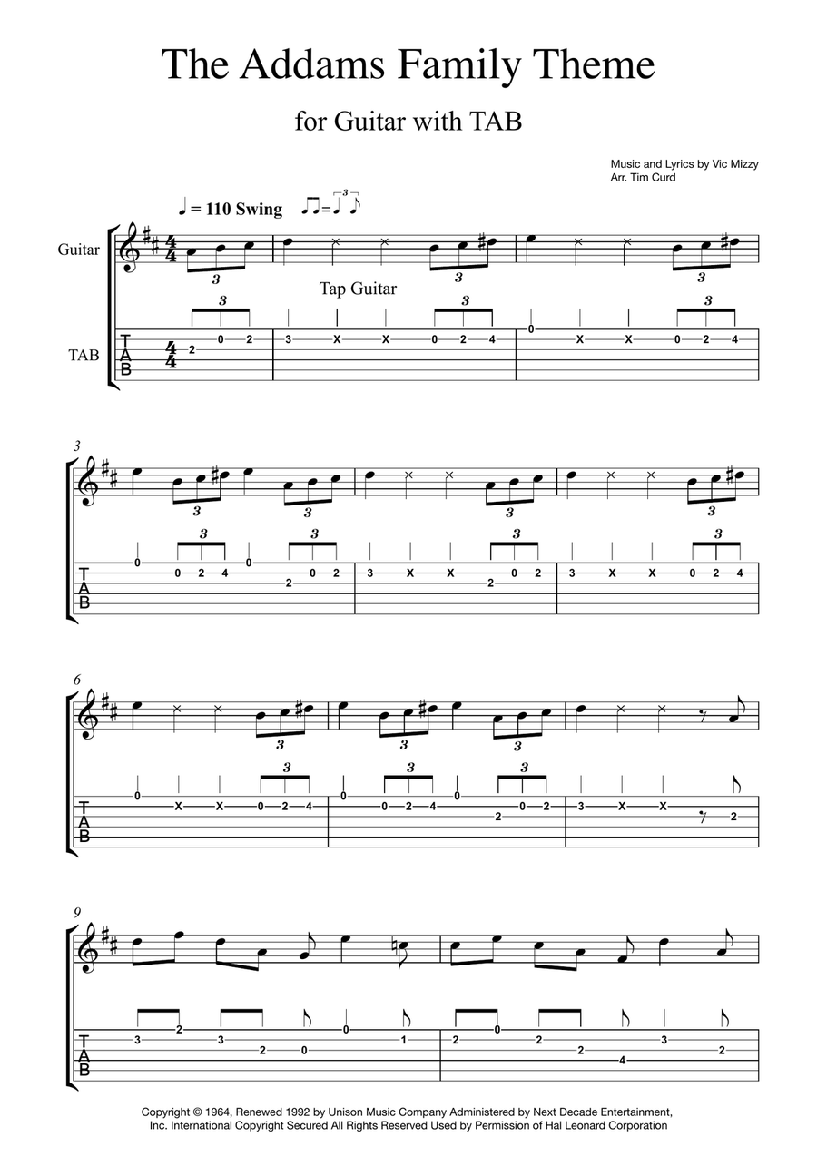Addams Family Theme Guitar Tablature scores gallery preview page 1