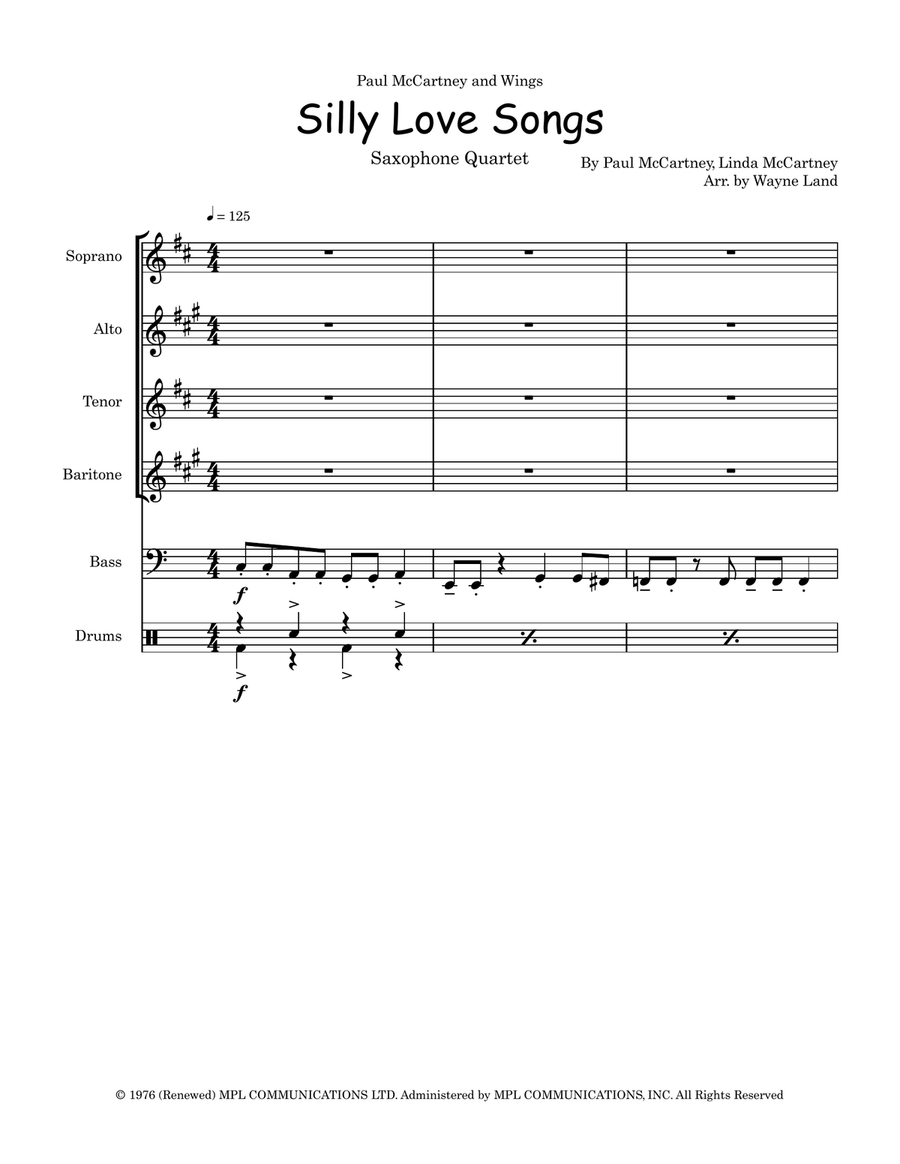 Silly Love Songs Saxophone Quartet scores gallery preview page 1