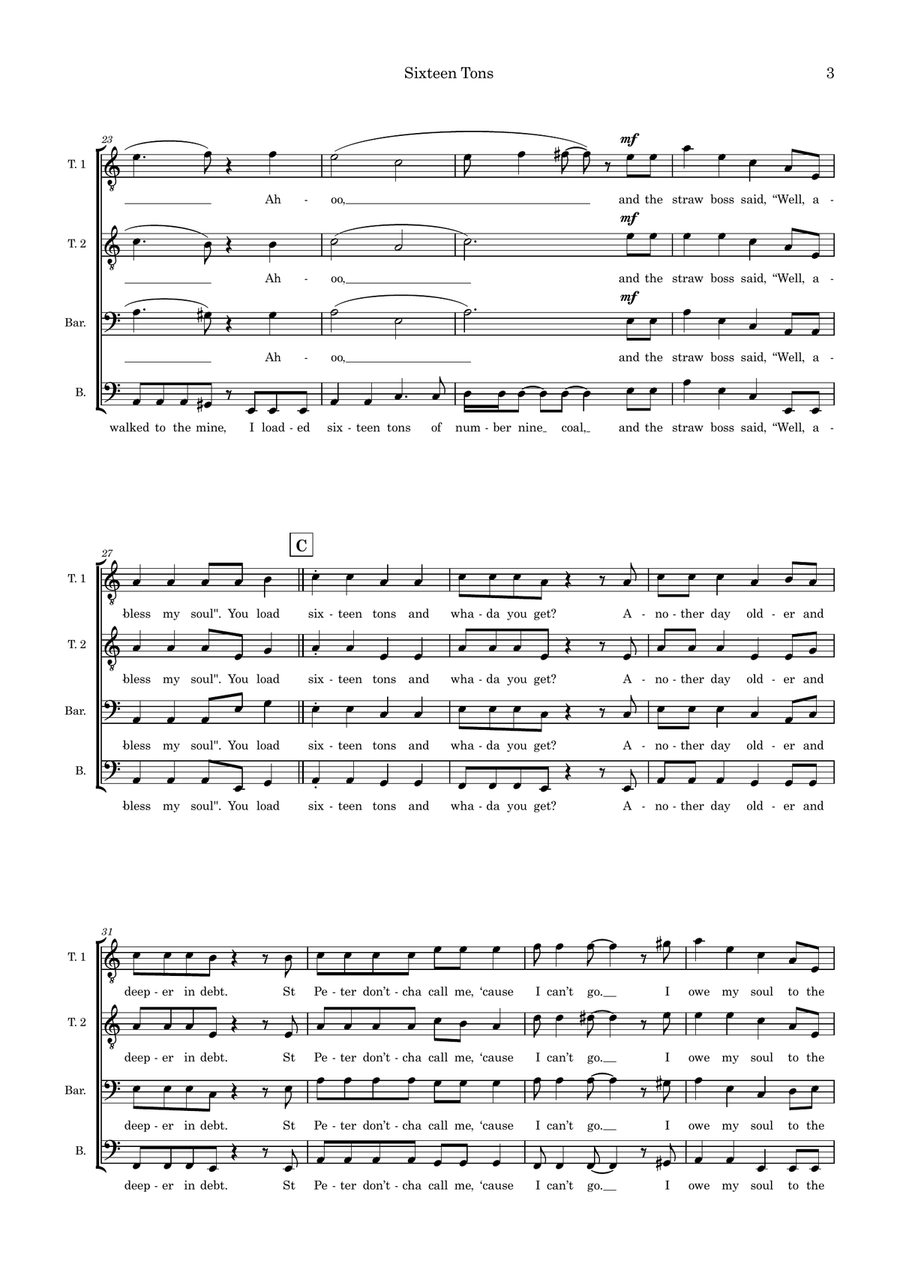 Sixteen Tons (arr. Sam Burns) TTBB scores gallery preview page 3