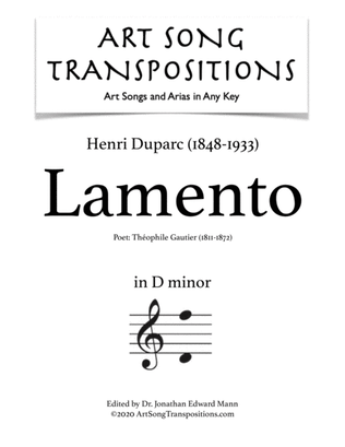 Book cover for DUPARC: Lamento (transposed to D minor)