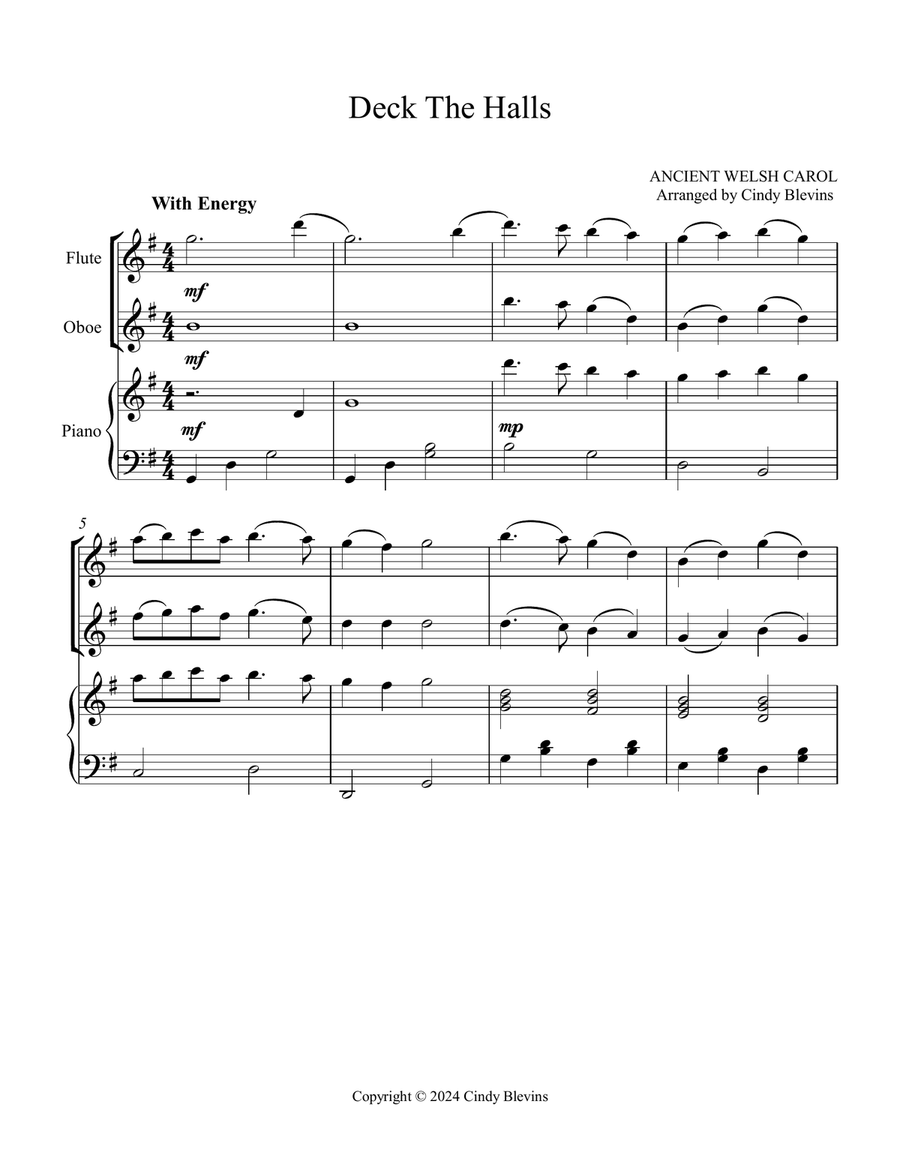 Deck the Halls, for Flute, Oboe and Piano Woodwind Duet scores gallery preview page 2