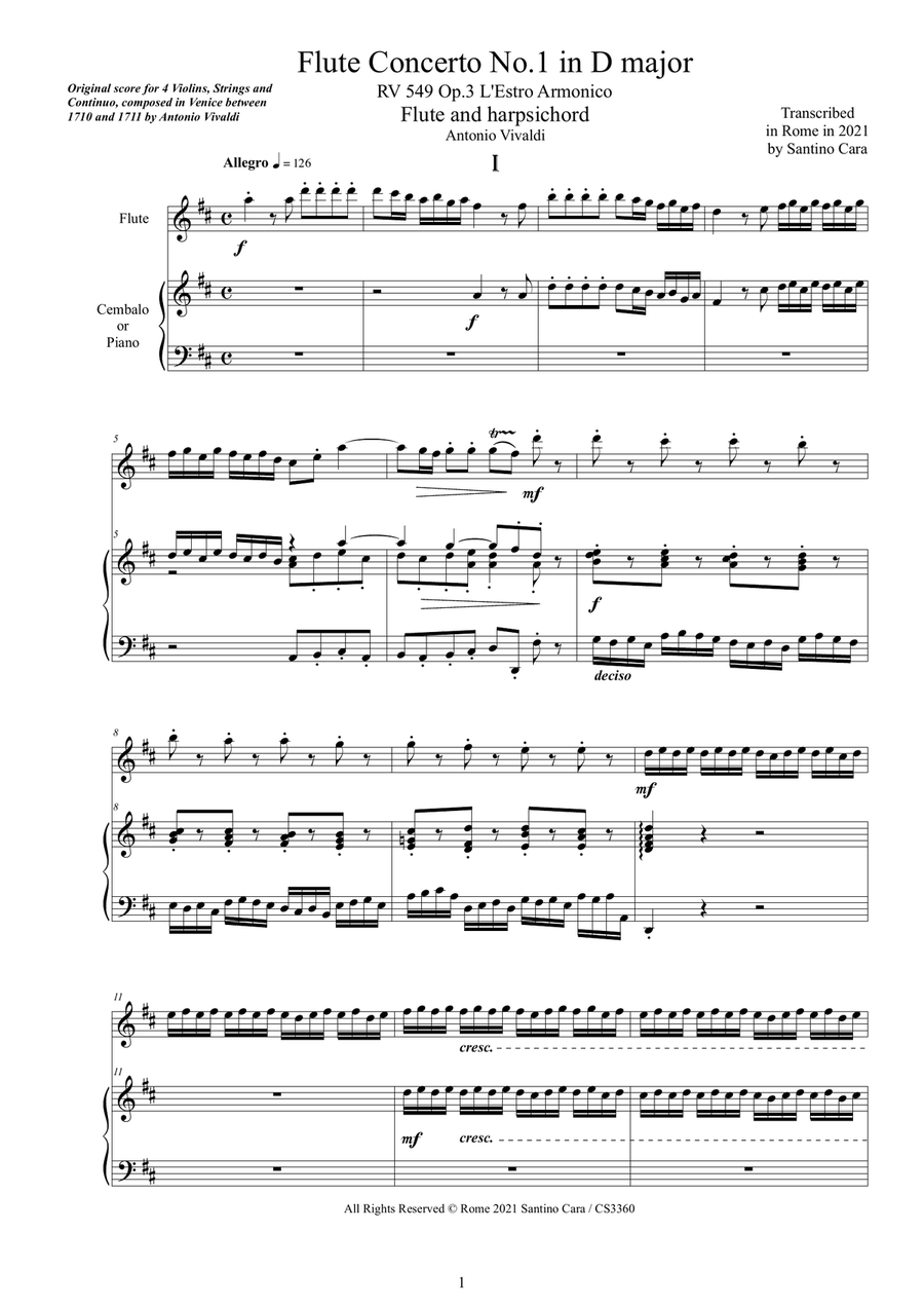Book cover for Vivaldi - Flute Concerto No.1 in D major RV 549 Op.3 for Flute and Cembalo (or Piano)