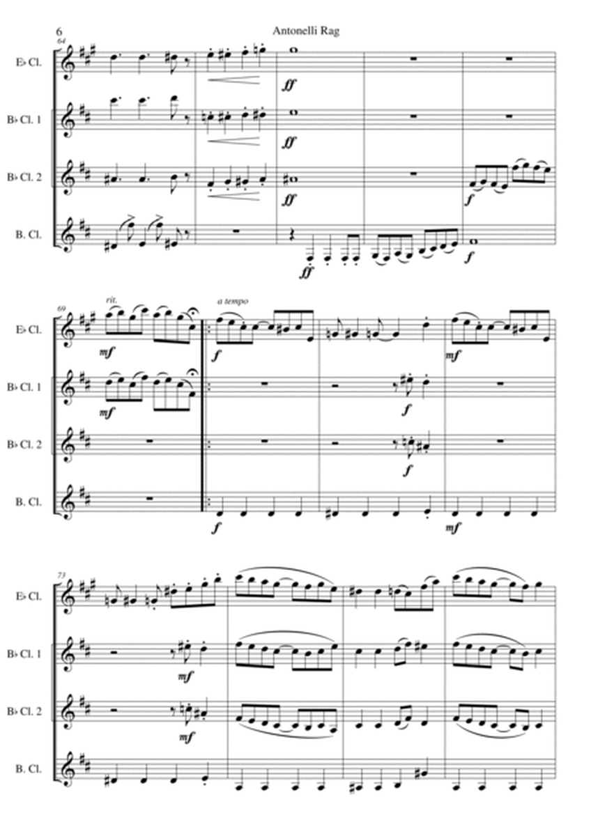 Antonelli Rag for clarinet quartet (1 E flat clarinet, 2 B flat clarinets, 1 bass clarinet) image number null