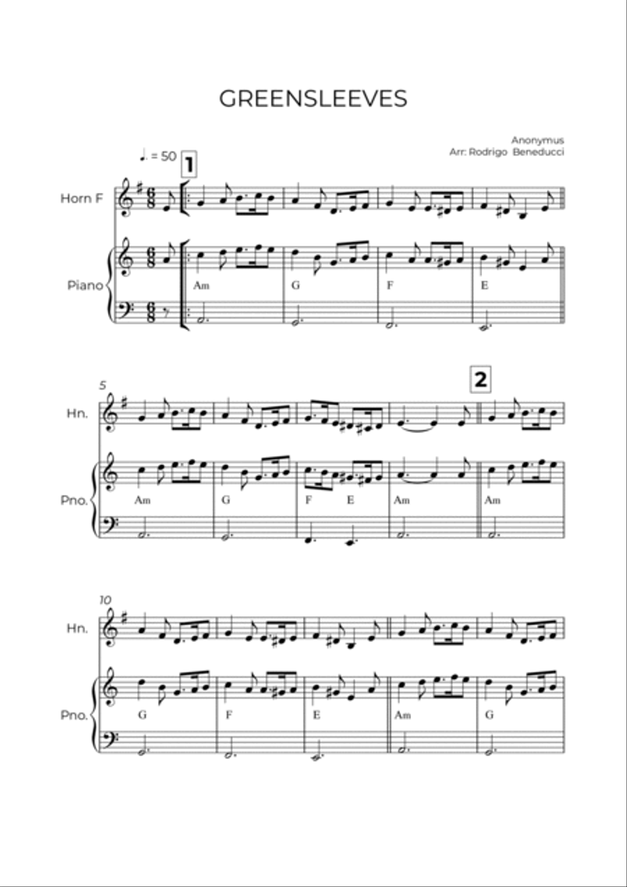 GREENSLEEVES - ANONYMUS - HORN & PIANO Horn scores gallery preview page 2