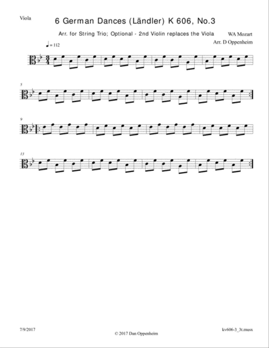 Mozart: 6 German Dances K 606 No. 3 arr. for String Trio; Optional - 2nd Violin replaces the Viola String Trio scores gallery preview page 3