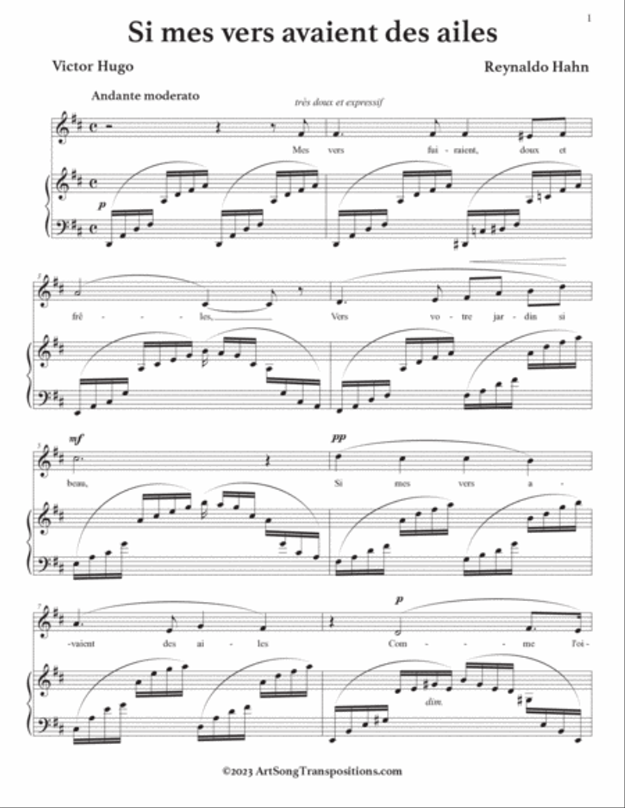 HAHN: Si mes vers avaient des ailes (transposed to D major and D-flat major) Voice scores gallery preview page 2