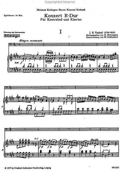 Konzert D-Dur fur Kontrabass und Orchester. Fassung in E-Dur / KlA