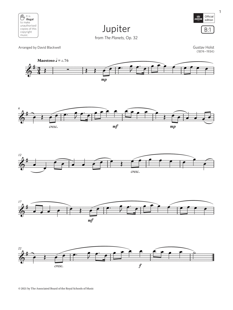 Jupiter (from The Planets, Op. 32) (Grade 2 List B1 from the ABRSM Saxophone syllabus from 2022) Saxophone Solo scores gallery preview page 1