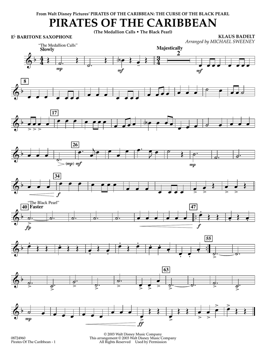 Book cover for Pirates of the Caribbean (arr. Michael Sweeney) - Eb Baritone Saxophone