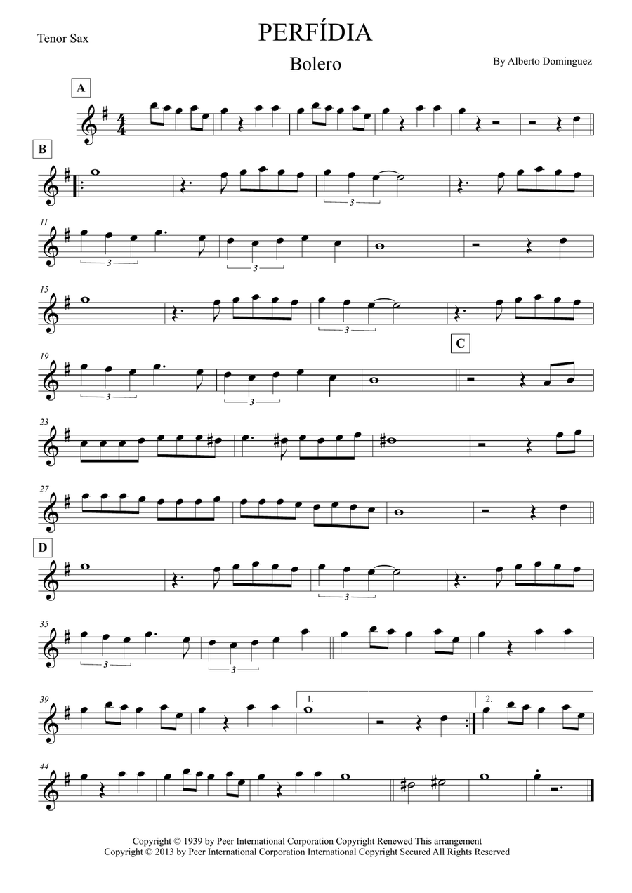Perfidia Tenor Saxophone scores gallery preview page 1