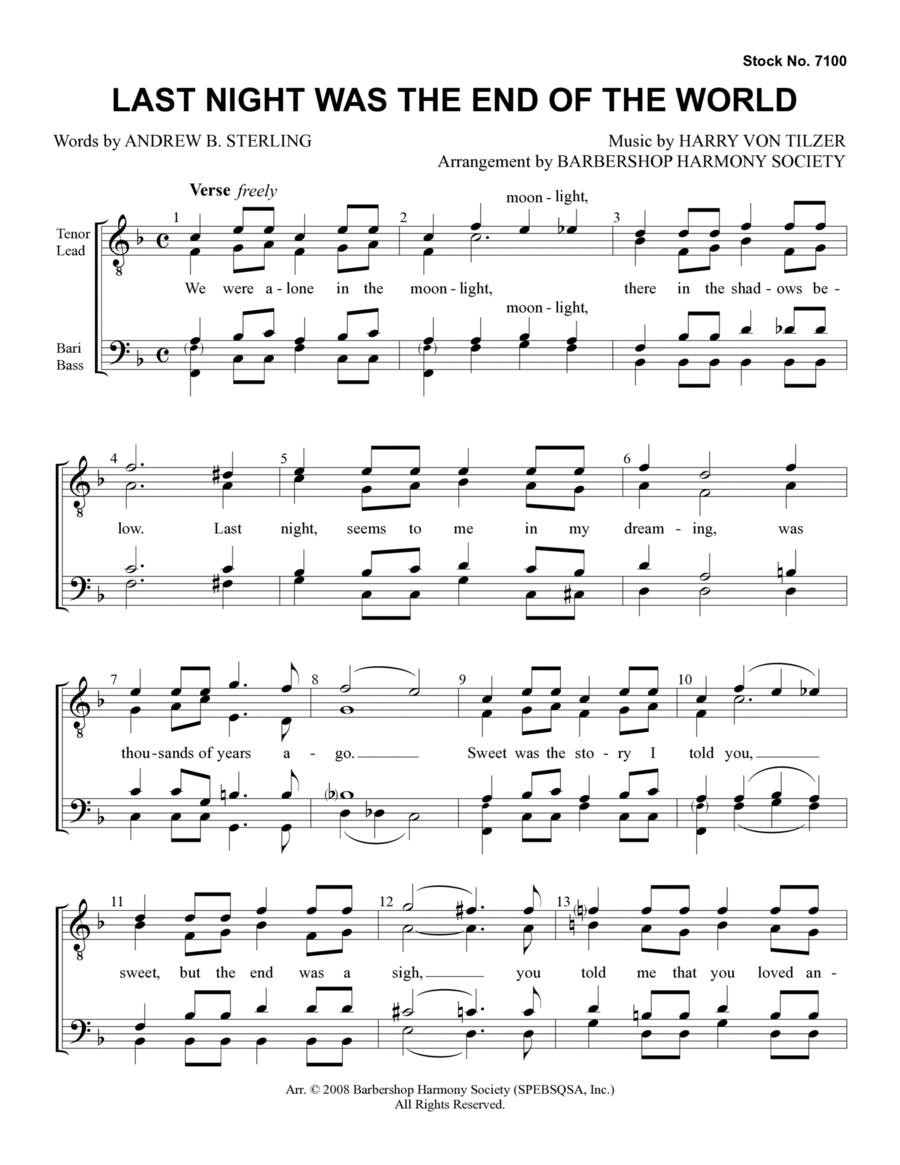Last Night Was The End Of The World (arr. Barbershop Harmony Society) TTBB scores gallery preview page 1