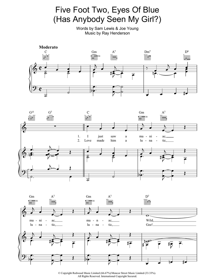 Five Foot Two, Eyes of Blue (Has Anybody Seen My Girl?) Piano, Vocal, Guitar scores gallery preview page 1