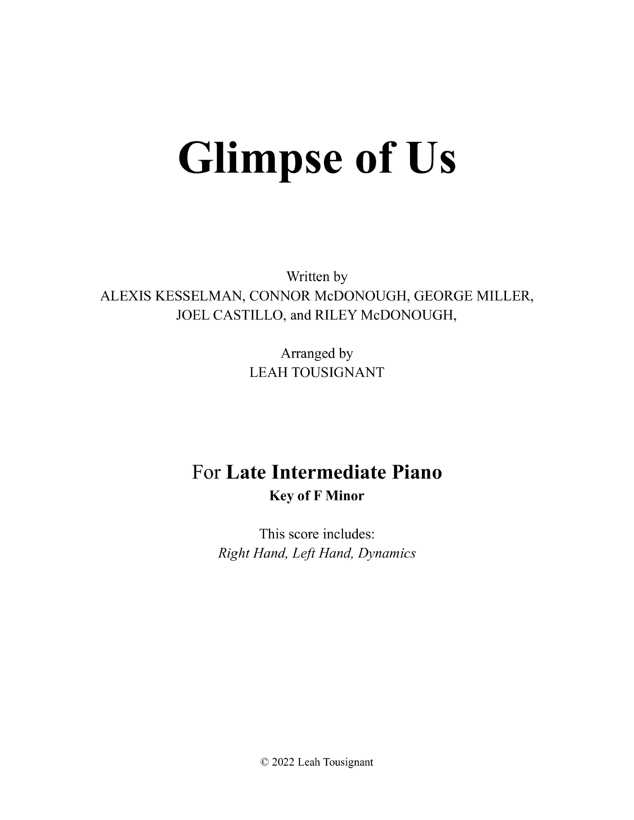 Glimpse Of Us Piano Solo scores gallery preview page 1