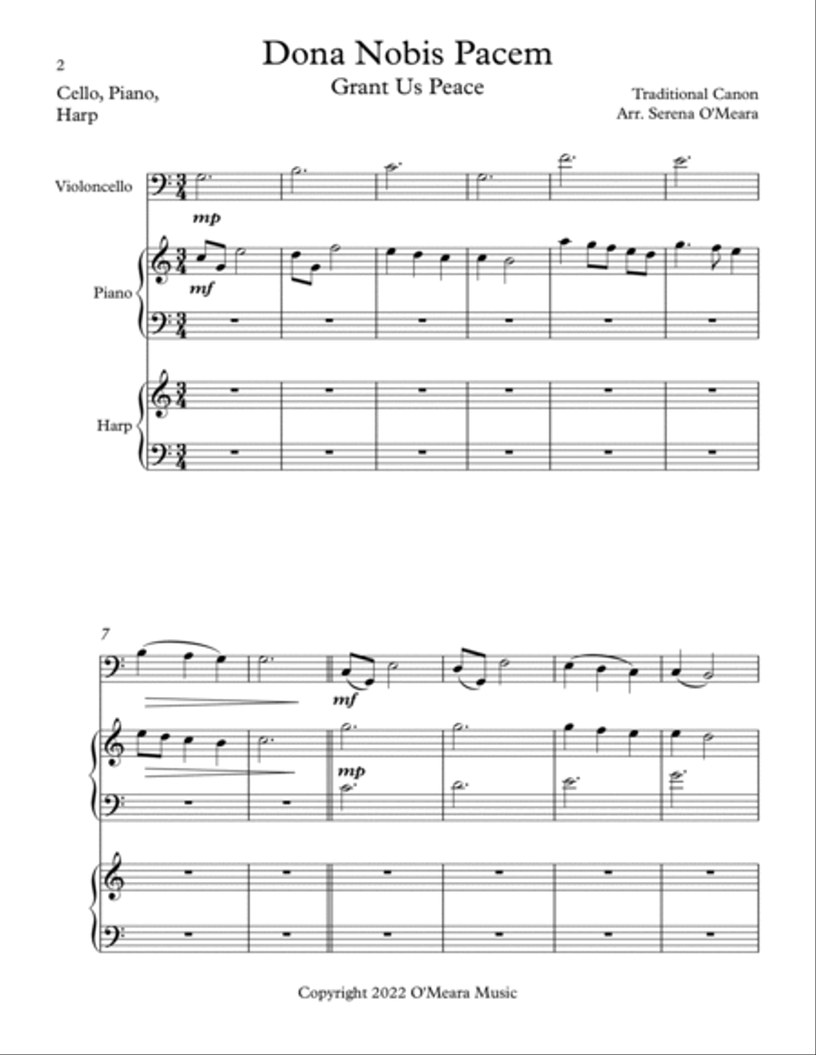 Dona Nobis Pacem, Trio for Cello, Harp, Piano Cello scores gallery preview page 2