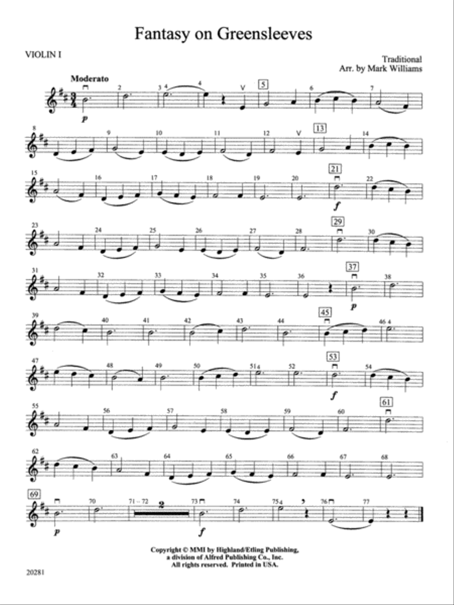 Fantasy on Greensleeves: 1st Violin String Orchestra scores gallery preview page 1