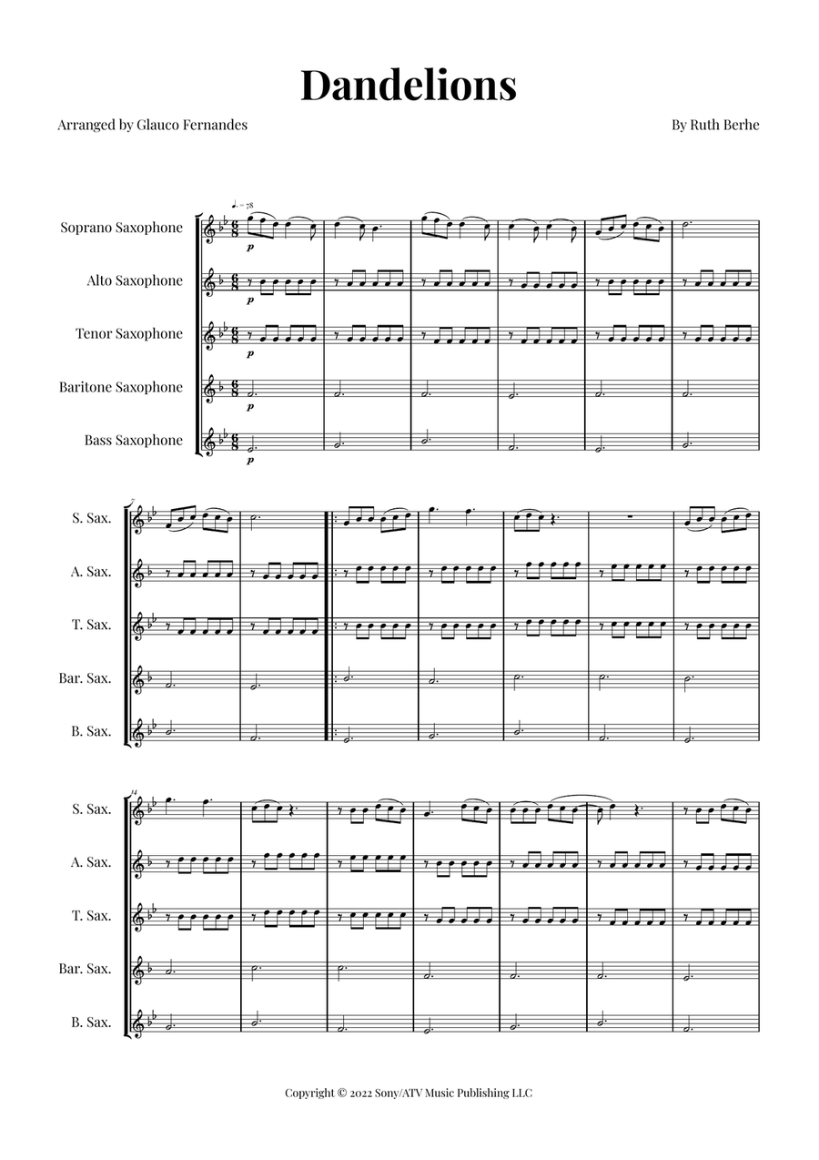 Dandelions Saxophone Quintet scores gallery preview page 1
