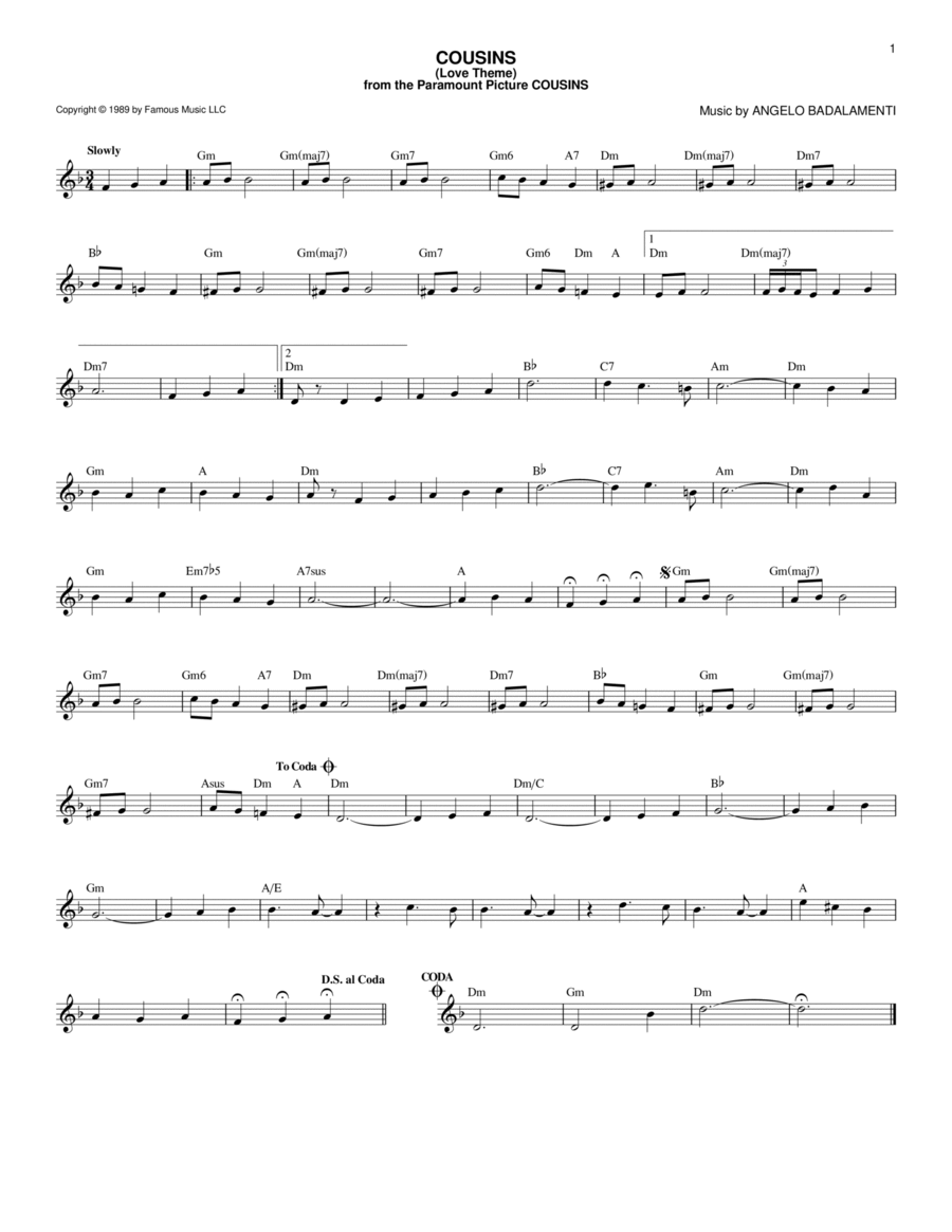 Cousins (Love Theme) Cousins (Love Theme) Piano scores gallery preview page 1