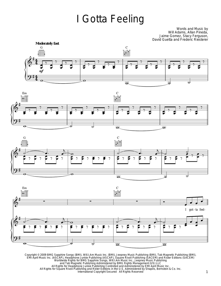 I Gotta Feeling Piano, Vocal, Guitar scores gallery preview page 1
