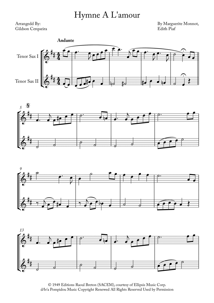 Hymne A L'amour Woodwind Duet scores gallery preview page 1
