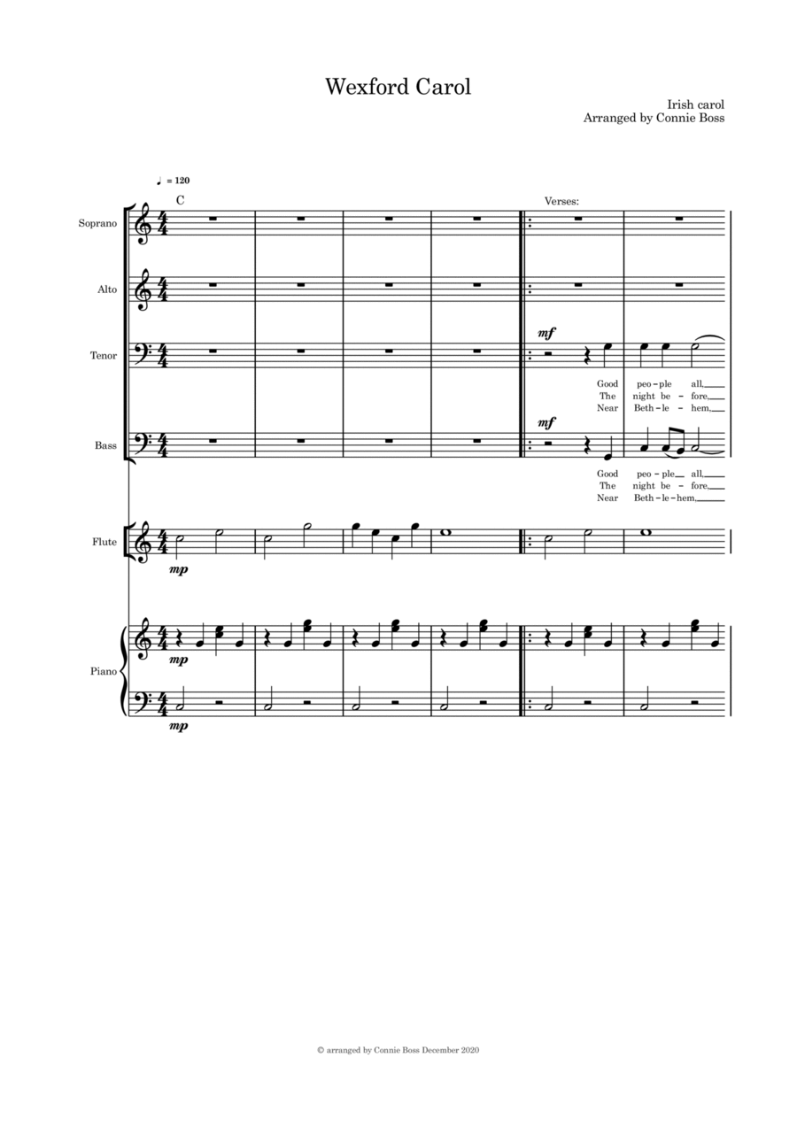 Wexford Carol SATB flute or violin or cello and piano 4-Part scores gallery preview page 1