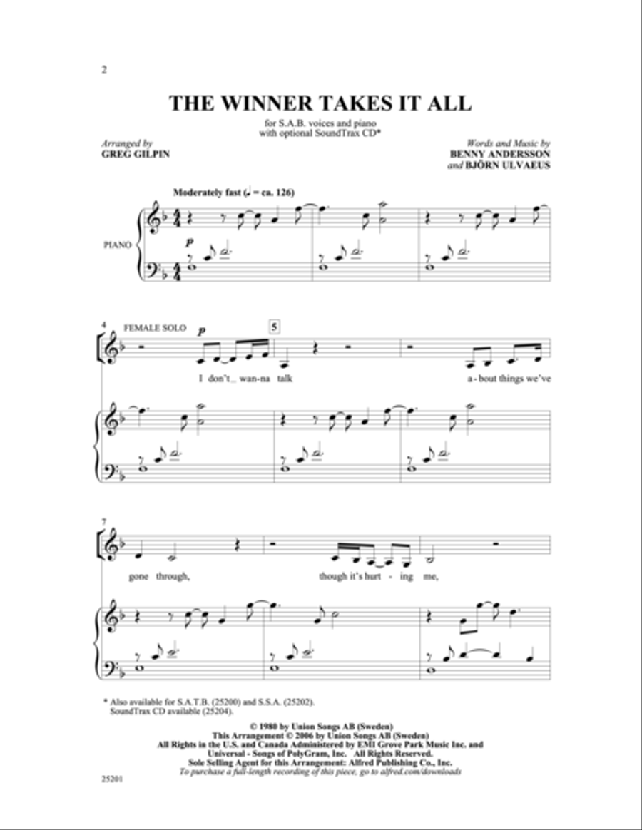 The Winner Takes It All (from Mamma Mia!) 3-Part scores gallery preview page 2
