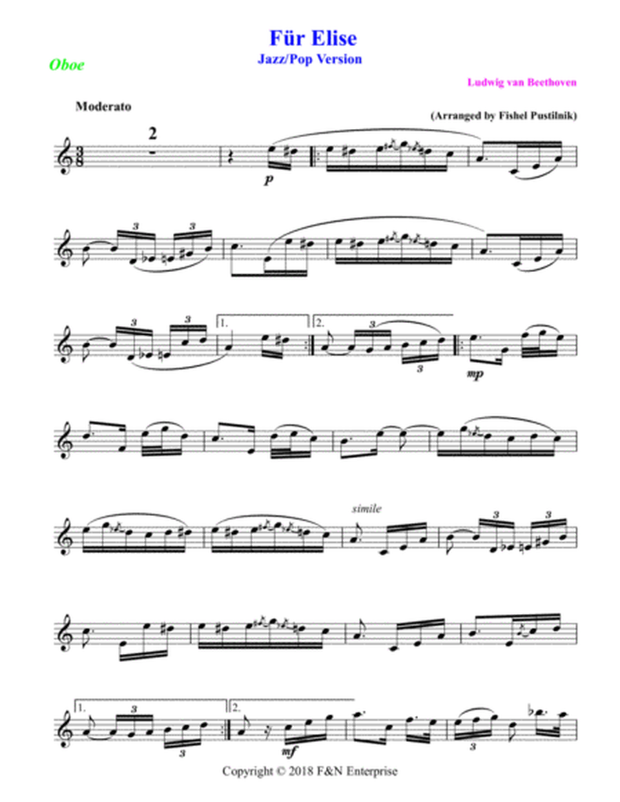 "Für Elise" for Oboe (with Background Track)-Jazz/Pop Version image number null