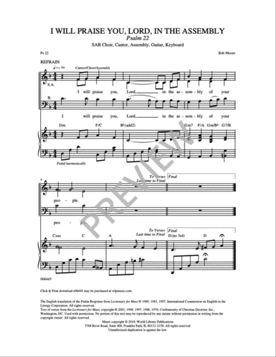 I Will Praise You, Lord, in the Assembly: Psalm 22 3-Part scores gallery preview page 5