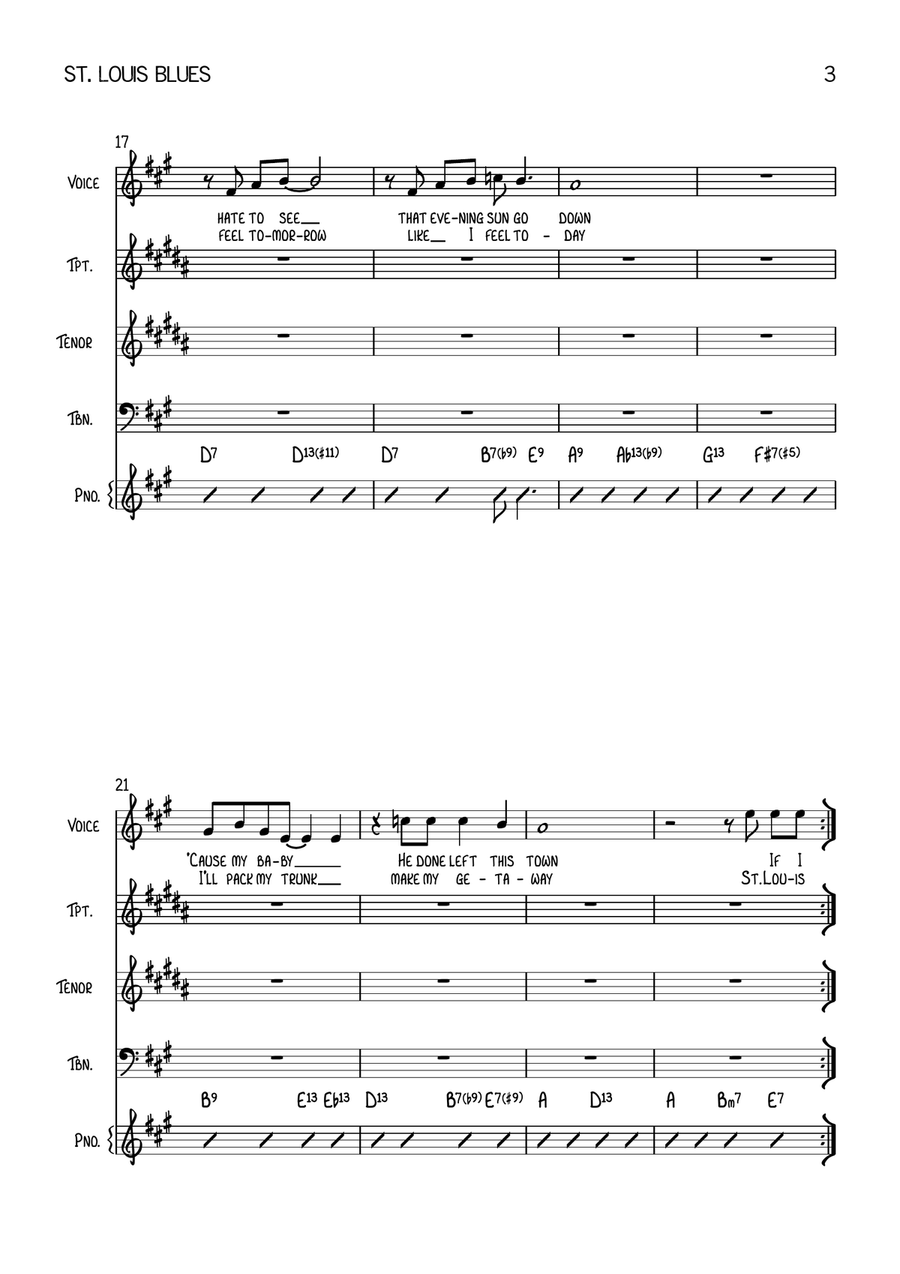 St. Louis Blues - Vocal With Jazz Combo (3 Horns) - Key of A Jazz Ensemble scores gallery preview page 3