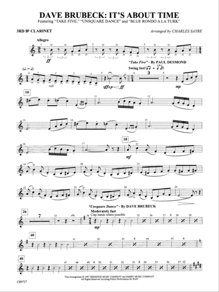Dave Brubeck: It's About Time: 3rd B-flat Clarinet Concert Band scores gallery preview page 1