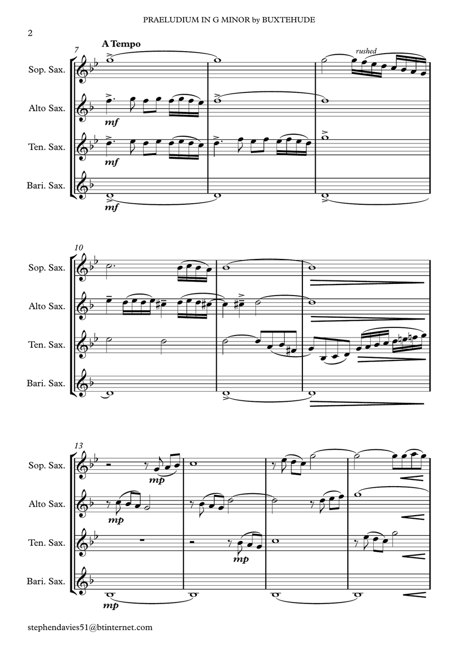 Praeludium & Fugue in G Minor by Dietrich Buxtehude (Buxwv148) for Saxophone Quartet. Saxophone Quartet scores gallery preview page 2
