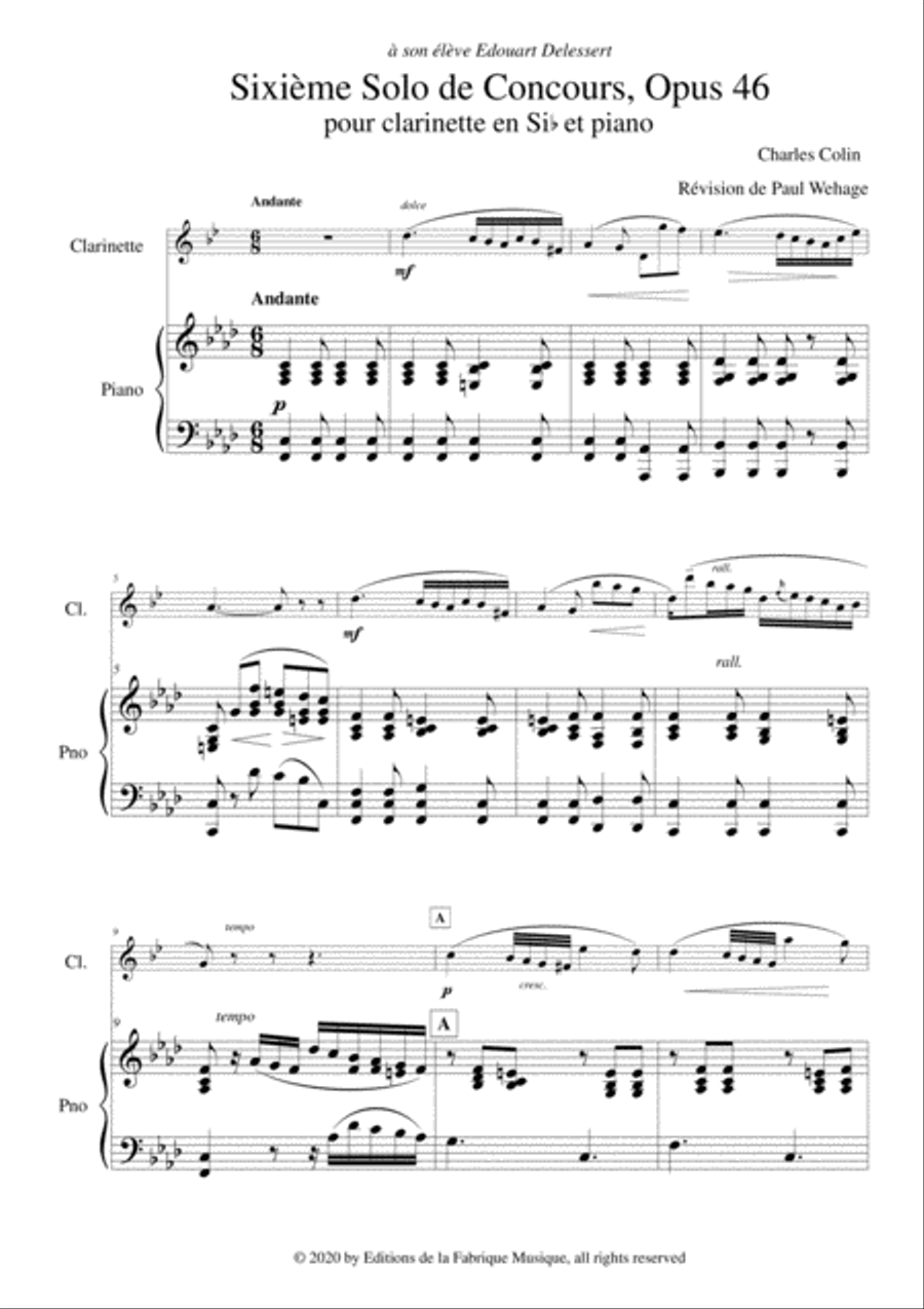 Charles Colin: Sixième Solo de Concours, Opus 46 arranged for Bb clarinet and piano B-Flat Clarinet scores gallery preview page 2