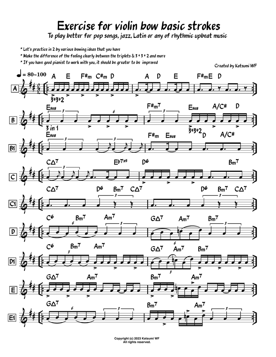 Exercise for violin bow strokes for rhythmic upbeat songs Violin scores gallery preview page 1