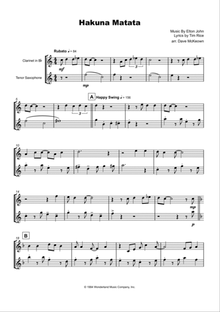 Hakuna Matata Woodwind Duet scores gallery preview page 2