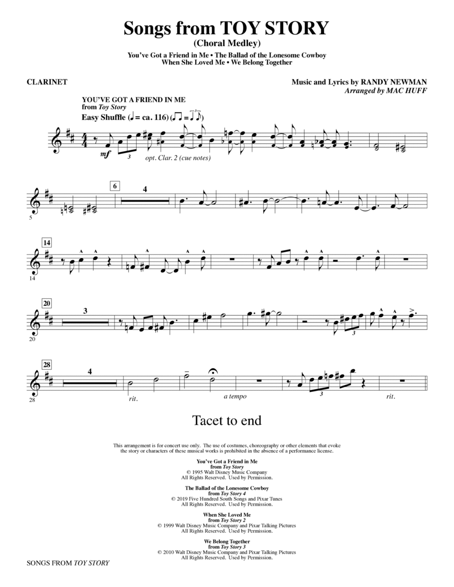 Songs from Toy Story (Choral Medley) (arr. Mac Huff) - Clarinet