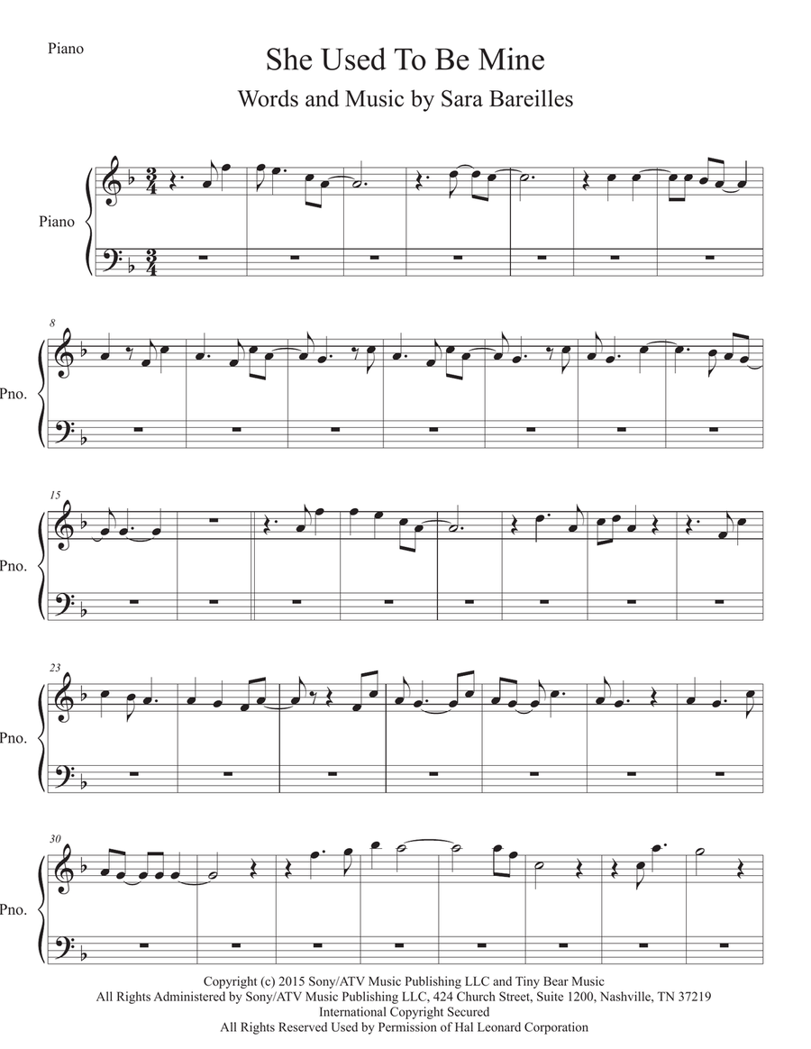She Used To Be Mine from WAITRESS THE MUSICAL Easy Piano scores gallery preview page 1