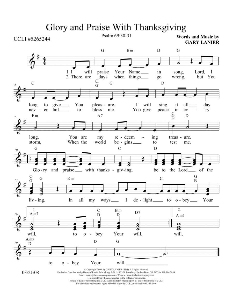 GLORY AND PRAISE WITH THANKSGIVING, Lead Sheet (Includes Melody, Vocal Parts, Lyrics & Chords) image number null