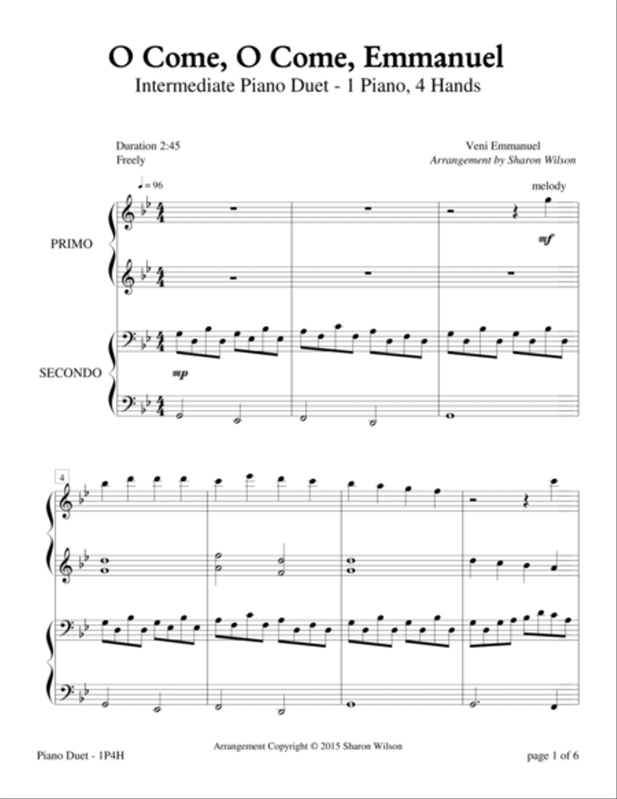 O Come, O Come, Emmanuel (Intermediate Piano Duet; 1 Piano, 4 Hands) image number null