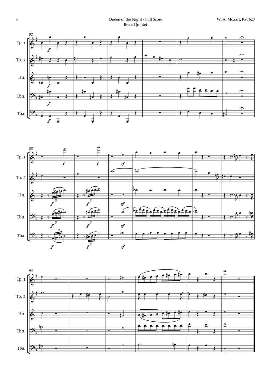 Queen of the Night Aria by Mozart for Brass Quintet Brass Quintet scores gallery preview page 6