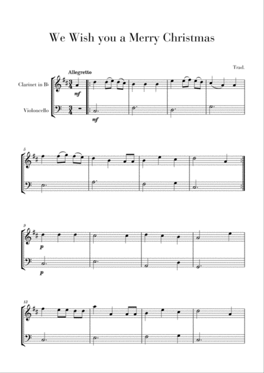 We Wish you a Merry Christmas for Clarinet in Bb and Violoncello B-Flat Clarinet scores gallery preview page 1