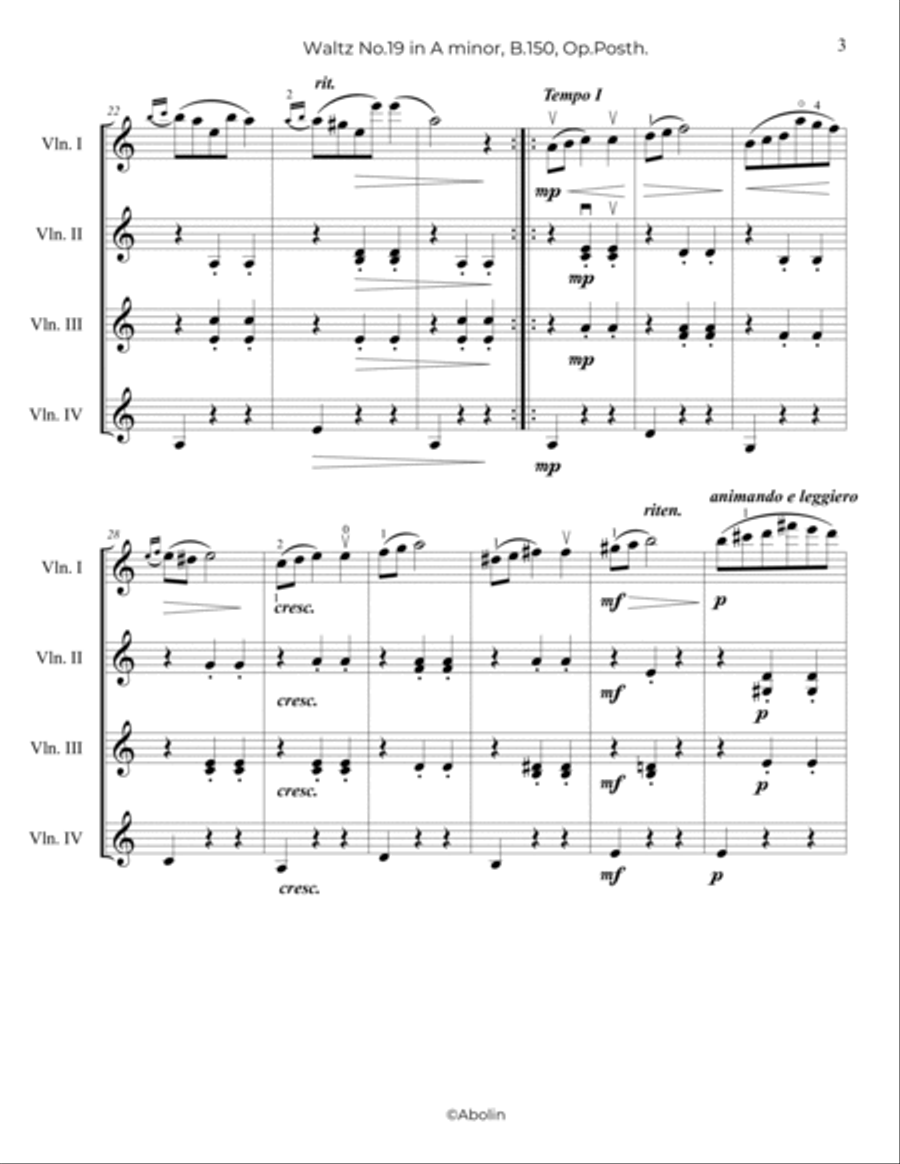 Chopin: Waltz No.19, B.150 - arr. for Violin Quartet Chamber Music scores gallery preview page 4