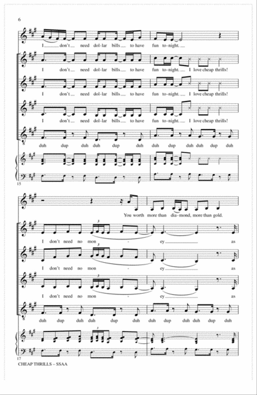 Cheap Thrills (from Pitch Perfect 3) (arr. Deke Sharon) SSAA scores gallery preview page 5