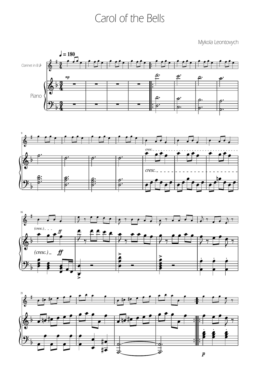 Carol of The Bells - Clarinet Solo w/ Piano B-Flat Clarinet scores gallery preview page 1