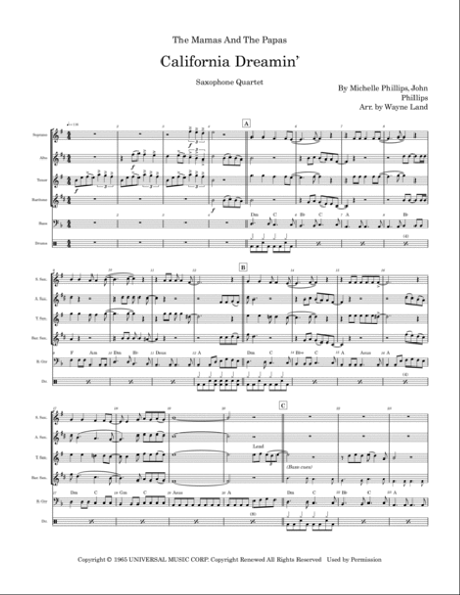 California Dreamin' California Dreamin' Saxophone Quartet scores gallery preview page 2