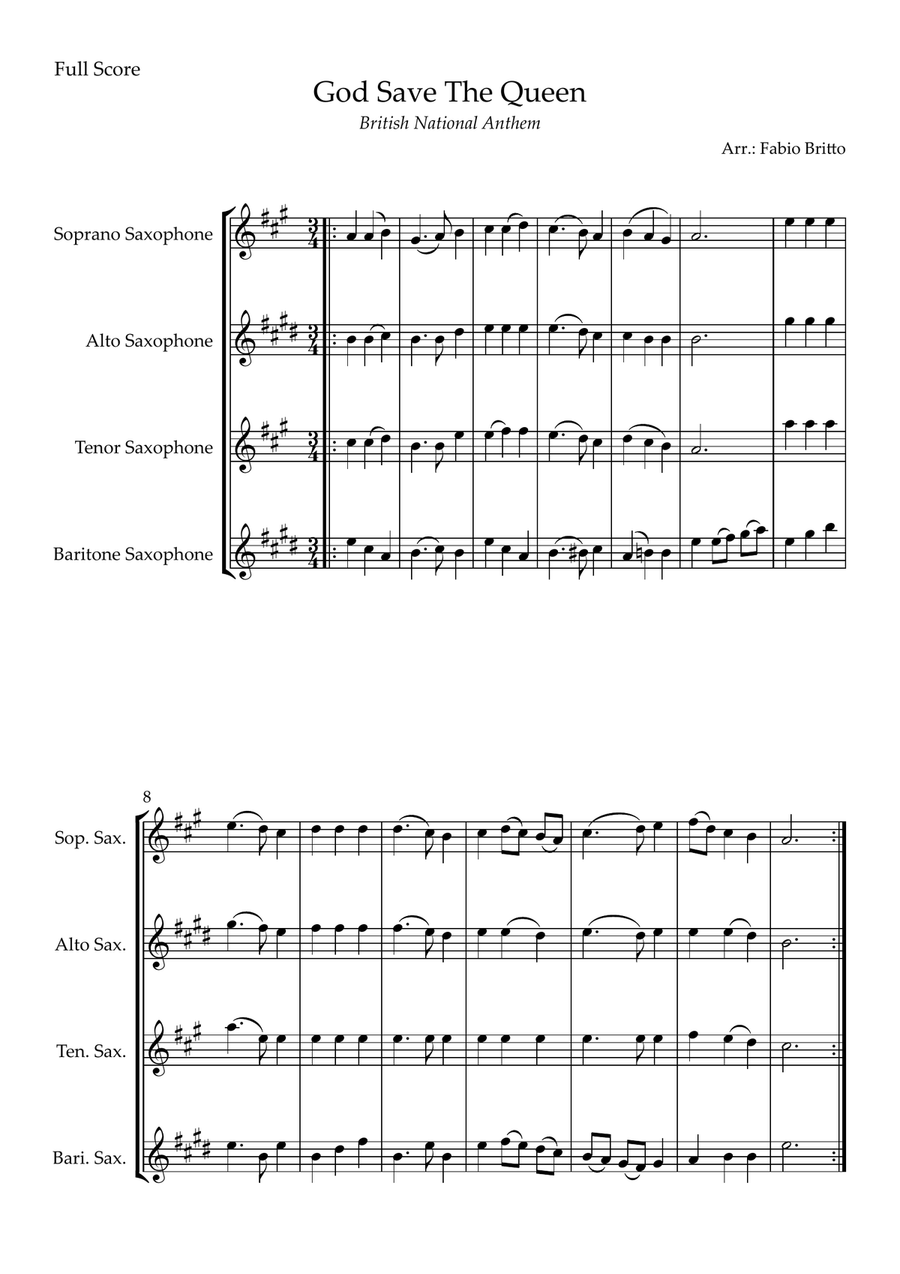 God Save The Queen (British National Anthem) for Saxophone Quartet