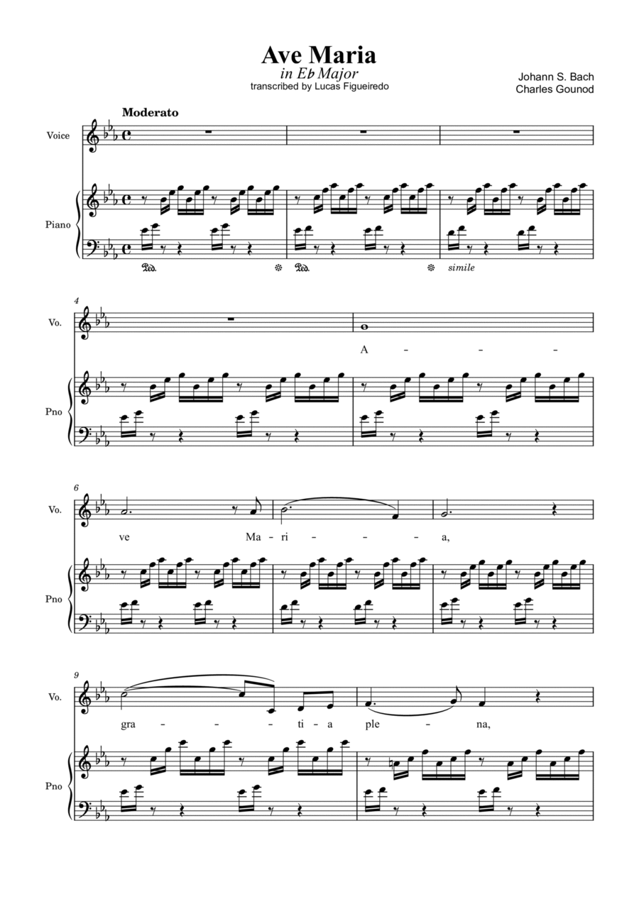 Ave Maria (Bach-Gounod) in Eb Major for Piano and Voice Voice scores gallery preview page 1