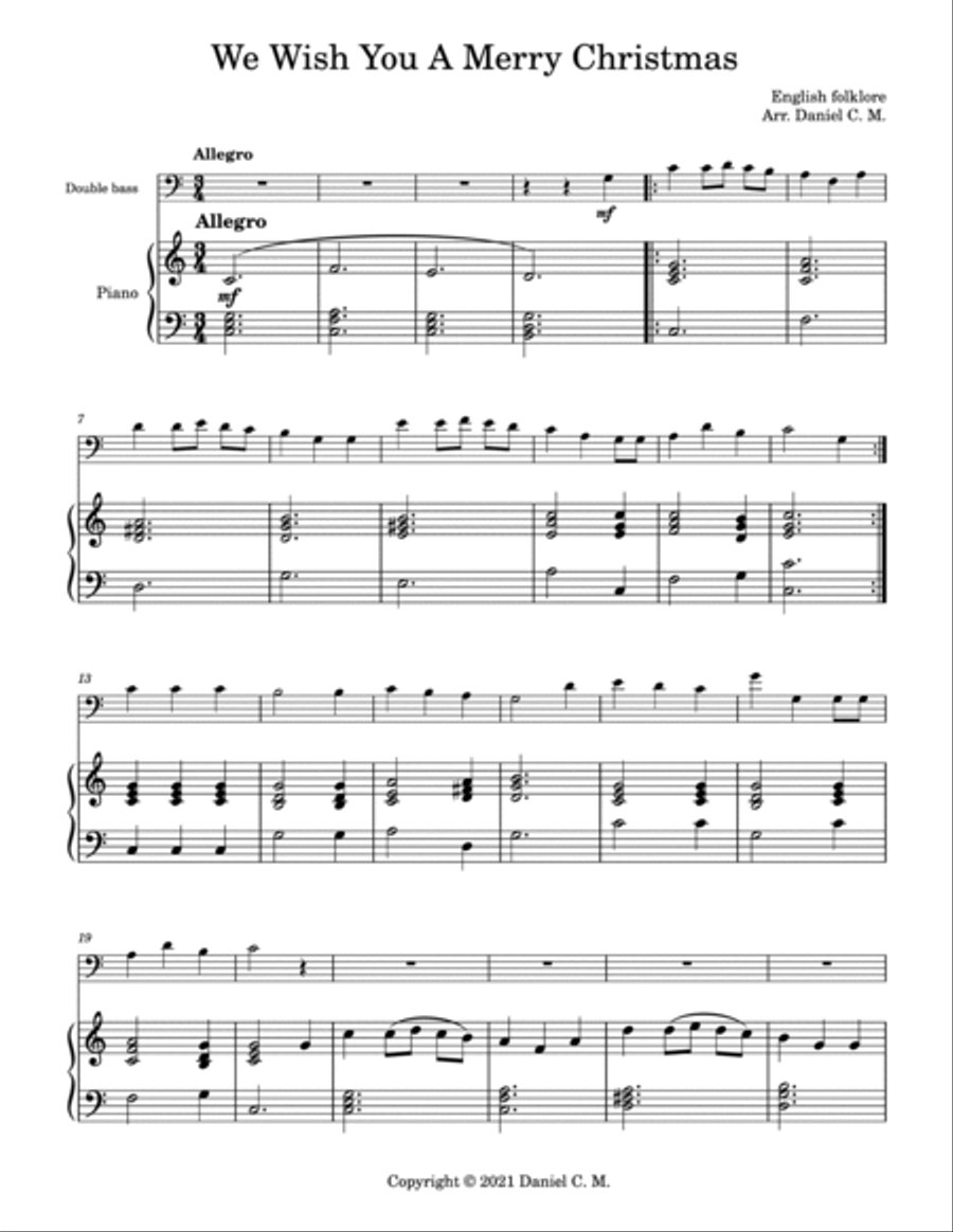 We Wish You A Merry Christmas for double bass and piano (easy) Double Bass scores gallery preview page 2