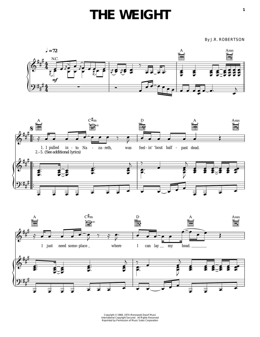 The Weight Piano, Vocal, Guitar scores gallery preview page 1