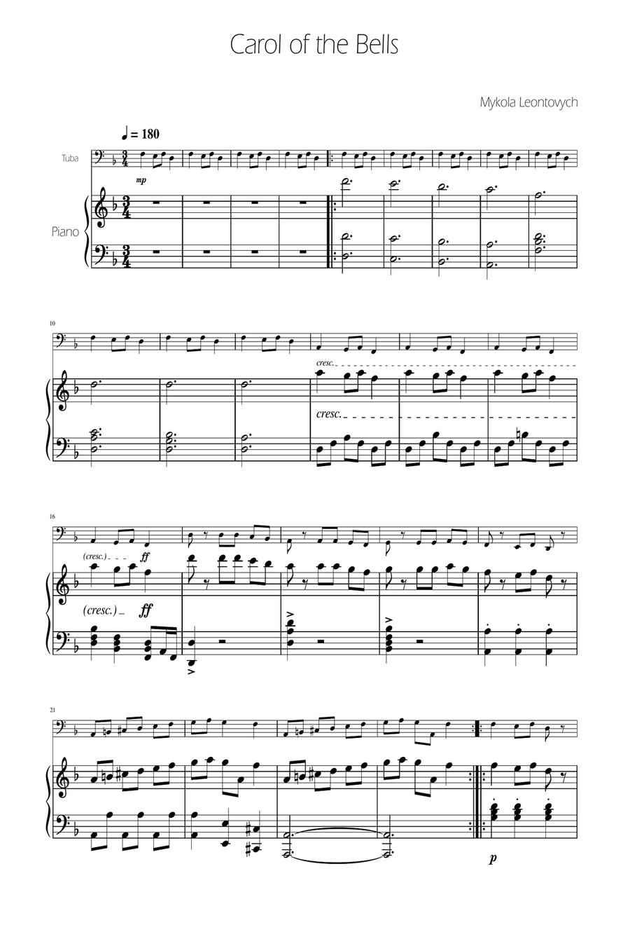 Carol of The Bells - Tuba Solo w/ Piano Tuba scores gallery preview page 1