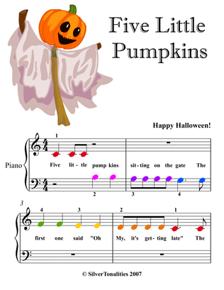 Book cover for Five Little Pumpkins Beginner Piano Sheet Music with Colored Notes